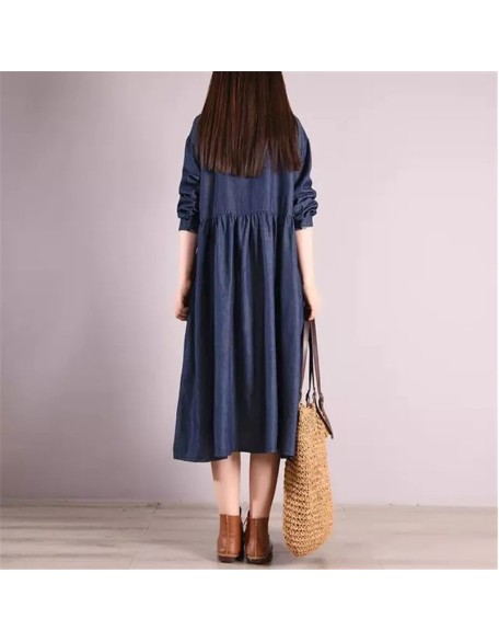 Style Solid Fashion Turn-down Collar Denim Autumn Dress