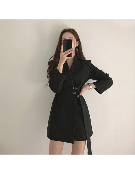 Long Blazers Jacket With Belt Notched Outerwear Office