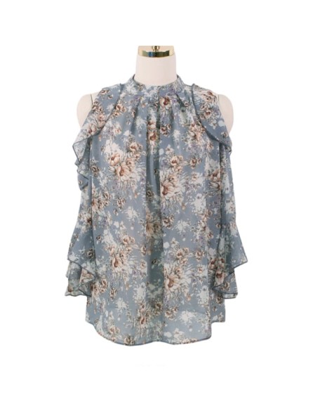 Short Sleeve OL Chiffon Shirt Women Off-Shoulder Pullover Floral Loose Blouse
