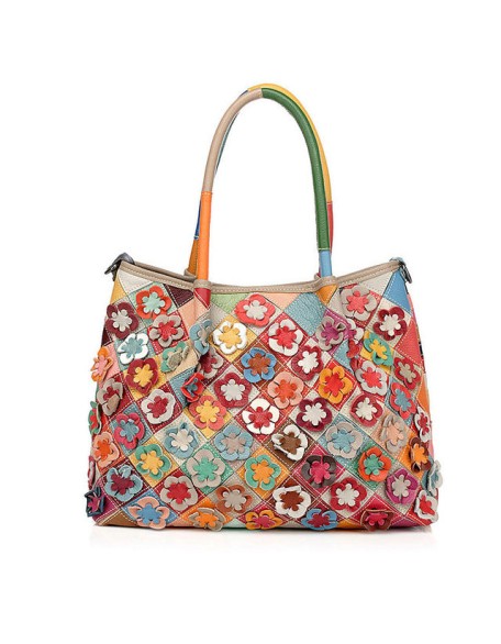 spring flower patchwork genuine leather handbag