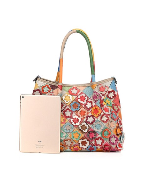 spring flower patchwork genuine leather handbag